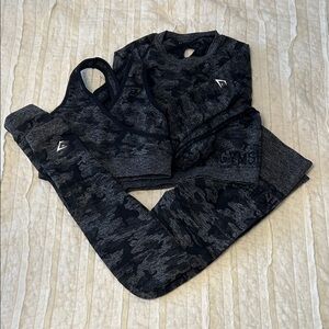 Gymshark Black and Gray Camo Leggings, Sports Bra and Long Sleeve Crop Top